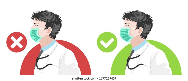 Infographic of a doctor show how to use a medical mask properly. illustration of doctor wear a medical mask to protect him from virus, with yes and no check mark. Right or Wrong sign design vector