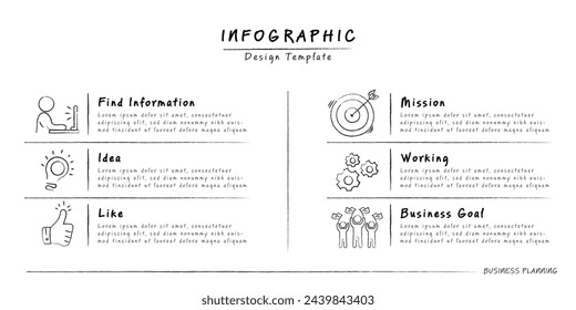 Infographic doodle design template. Hand drawn Timeline concept with 6 options or steps template. layout, diagram, annual, report, presentation. Vector illustration.