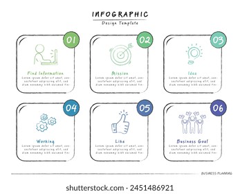 Plantilla de diseño de doodle infográfico. Concepto de línea de tiempo dibujado a mano con 6 opciones o pasos de Plantilla. diseño, diagrama, anual, informe, presentación. Ilustración vectorial.