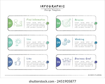 Infographic doodle design template. Hand drawn Timeline concept with 6 options or steps template. layout, diagram, annual, report, presentation. Vector illustration.