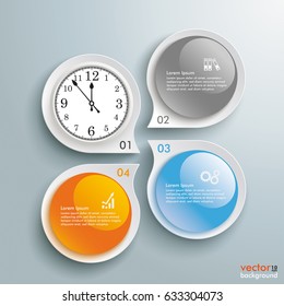 Infographic with drop shapes and a clock on the gray background. Eps 10 vector file.