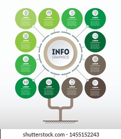 Infographic of eco technology or education process with 12 points or months. Template of tree, info chart or diagram. Vertical  green Business presentation concept with 12 options. Annual report.