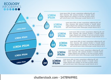 Infographic eco water blue design elements process 6 steps or options parts with water drop. Ecology organic nature vector business template for presentation.