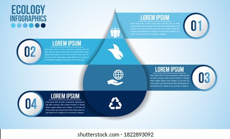 Infographic eco water blue design elements process 4 steps or options parts with drop of water. Ecology organic nature vector business template for presentation.