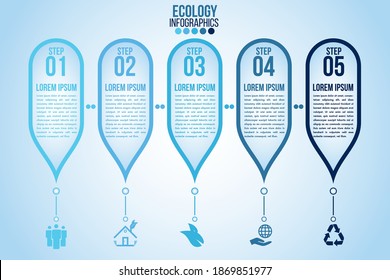 Infographic eco water blue design elements process 5 steps or options parts with drop of water. Ecology organic nature vector business template for presentation.Can be used for communication connect.