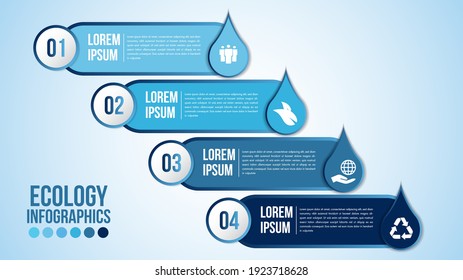 Infographic eco water blue design elements process 4 steps or options parts with drop of water. Ecology organic nature vector business template for presentation.