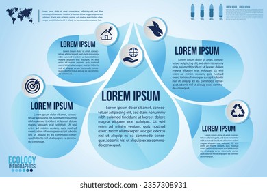 Infographic eco water blue design elements process 5 steps or options parts with drop of water. Ecology organic nature vector business template for presentation.