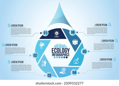 Infografía eco agua azul Elementos de diseño procesan 6 pasos u opciones de piezas con gota de agua. Plantilla de negocios de Vector de naturaleza orgánica de ecología para presentación.