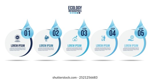 Infographic eco water blue design elements process 5 steps or options parts with water bottle.Ecology organic nature vector business template for presentation.