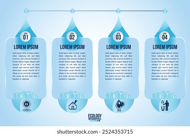 Infográfico eco água azul design elementos processo 4 etapas ou opções partes com garrafa de água.Ecologia orgânica natureza vetor modelo de negócios para apresentação.