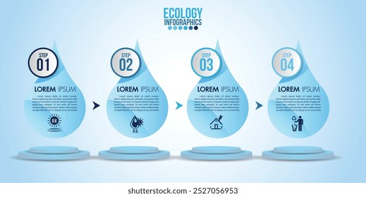 Infographic eco water blue design elements process 4 steps or options parts with drop of water. Ecology organic nature vector business template for presentation.