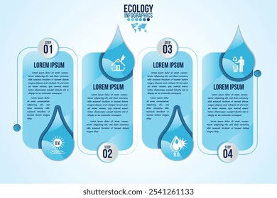 Infografía eco agua azul Elementos de diseño procesan 4 pasos u opciones de piezas con botella de agua. Ecología orgánica naturaleza Vector Plantilla de negocios para la presentación.