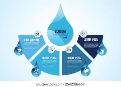 Infografía eco agua azul Elementos de diseño procesan 4 pasos u opciones de piezas con gota de agua. Plantilla de negocios de Vector de naturaleza orgánica de ecología para presentación.