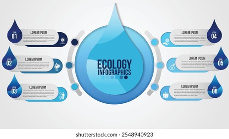 Infográfico eco água azul design elementos processo 6 etapas ou opções partes com garrafa de água.Ecologia orgânica natureza vetor modelo de negócios para apresentação.