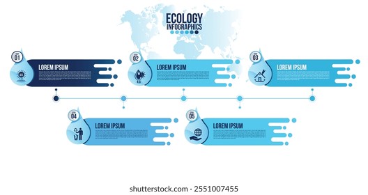 Infográfico eco água azul design elementos processo 5 etapas ou opções partes com garrafa de água.Ecologia orgânica natureza vetor modelo de negócios para apresentação.