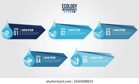 Infographic eco water blue design elements process 5 steps or options parts with water bottle.Ecology organic nature vector business template for presentation.