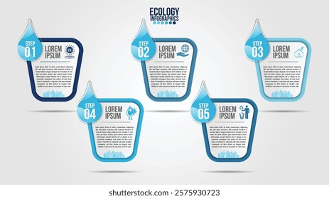 Infographic eco water blue design elements process 5 steps or options parts with water bottle.Ecology organic nature vector business template for presentation.