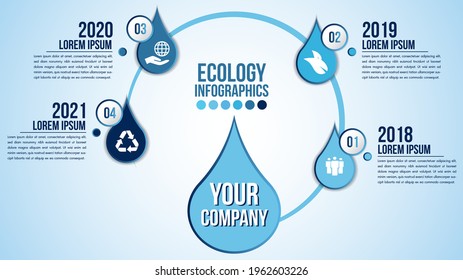 Infographic eco water timeline blue design elements process 4 steps or options parts with drop of water. Ecology organic nature vector business template for presentation.