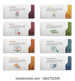 Infographic E-Commerce template. Icons in different colors. Include E-Commerce, Customer Support, Payment Options, Online Promotion and others.