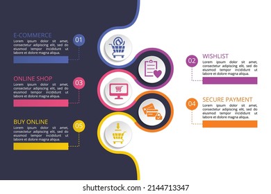 Infographic E-Commerce template. Icons in different colors. Include E-Commerce, Customer Support, Payment Options, Online Promotion and others.