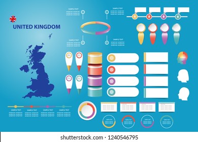 Infographic for economic, sociological, demographic and other presentations. The blind map of Great Britain, timeline and a number of different blank labels ready for your text.