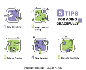 Infographic with effective tips for healthy aging through sports and physical activity