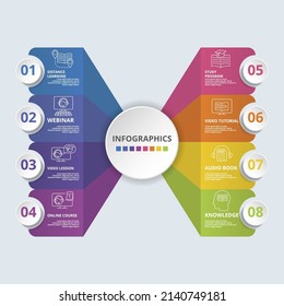 Infographic E-Learning icons vector illustration. 8 colored steps info template with editable text.