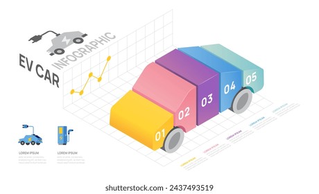 Infographic Electric car isometric diagram template. Modern Timeline 5 step, digital marketing data, presentation vector infographics.