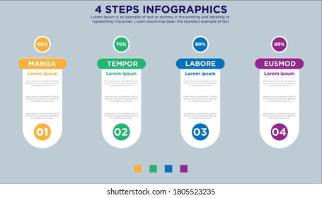 Infografik-Element mit Symbolen und 4 Optionen oder Schritten. Kann für Prozess, Präsentation, Diagramm, Workflow-Layout, Infografik, Web-Design verwendet werden. Vektorgrafik.