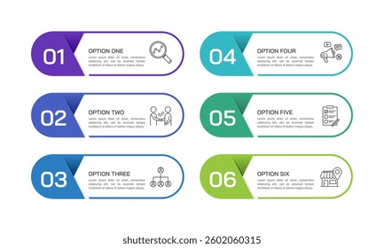 Infographic element 6 options or steps label design template. Presentation, Data, Information and Plan. Vector illustration.