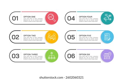 Infographic element 6 options or steps line with circle design template. Presentation, Data, Information and Plan. Vector illustration.