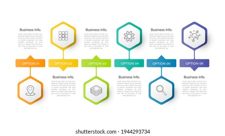 Infografik-Element kann für Präsentation, Banner, Grafik, Geschäftsfluss und Diagramm verwendet werden. Moderne, flache Timeline-Vorlage mit 6 Optionen, Teile, Schritt für Prozess. Abstrakte Vorlage.