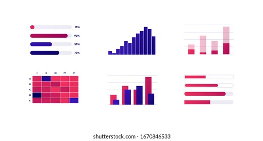 Infographic element collection. Vector flat color illustration set. Column bar chart isolated on white. Histogram and process diagram. Design for ui, science poster, marketing, presentation