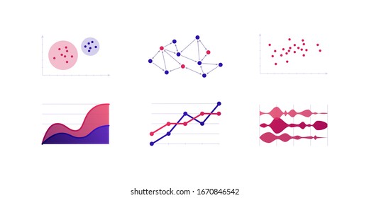 Infographic element collection. Vector flat color illustration set. Line, area, stream chart on white. Sociogram, cluster analysis diagram. Design for ui, science poster, marketing, presentation