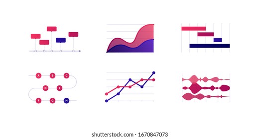 Infographic element collection. Vector flat color illustration set. Dotted line, stacked area, gantt chart on white. Process, timeline diagram. Design for ui, science poster, marketing, presentation