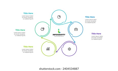 Infografik-Element der Zyklusdiagrammvorlage mit 5 Kreisen und Symbolen. Lineare Vektorgrafik für die Performance von Geschäftsfortschritten