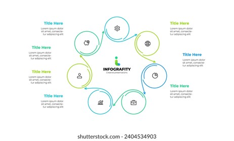 Infographic element of cycle diagram template with 7 circles and icons. Linear vector illustration for business progress performance