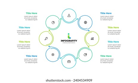 Elemento infográfico de la plantilla de diagrama de ciclo con 8 círculos e iconos. Ilustración vectorial lineal para el rendimiento del progreso empresarial