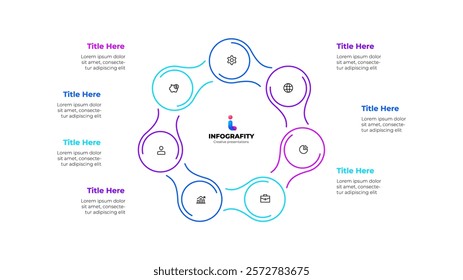 Infographic element of cycle diagram template with 7 circles and icons. Linear vector illustration for business progress performance