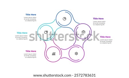 Infographic element of cycle diagram template with 5 circles and icons. Linear vector illustration for business progress performance
