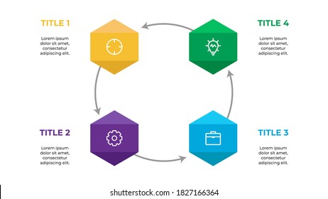 infographic element, data visualization template vector, hexagon design with 4 steps, options, list, process, points.