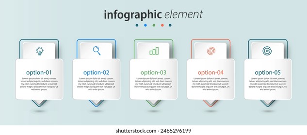 Infografik Element Design Präsentation Business Timeline mit 5 Schritten, Optionen. Kann für Workflow-Diagramm, Infodiagramm, Webdesign. Vektorillustration verwendet werden.