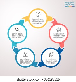 Infographic element. Flat chart, graph, diagram with 5 steps, options, parts, processes with arrows.