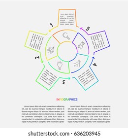 Infographic element gear for busness. Line cog design 5 steps, options, process.