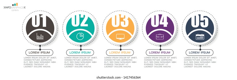 Infographic element with icons and 5 options or steps. Can be used for process, presentation, diagram, workflow layout, info graph, web design. Vector illustration.