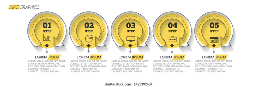 Infographic element with icons and 5 options or steps. Can be used for process, presentation, diagram, workflow layout, info graph, web design. Vector illustration.