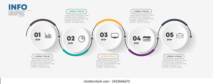 Elemento infográfico con iconos y 5 opciones o pasos. Se puede utilizar para procesos, presentaciones, diagramas, diseño de flujo de trabajo, gráfico de información, diseño web. Ilustración vectorial.
