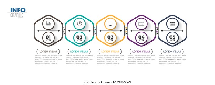 Infographic element with icons and 5 options or steps. Can be used for process, presentation, diagram, workflow layout, info graph, web design. Vector illustration.