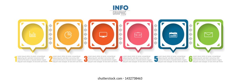 Infographic element with icons and 6 options or steps. Can be used for process, presentation, diagram, workflow layout, info graph, web design. Vector illustration.