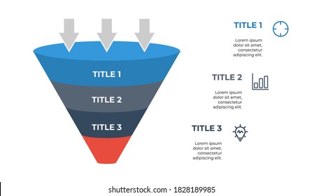 infographic element layout template with funnel concept design, 3 points, options. processes, list, diagram, chart.